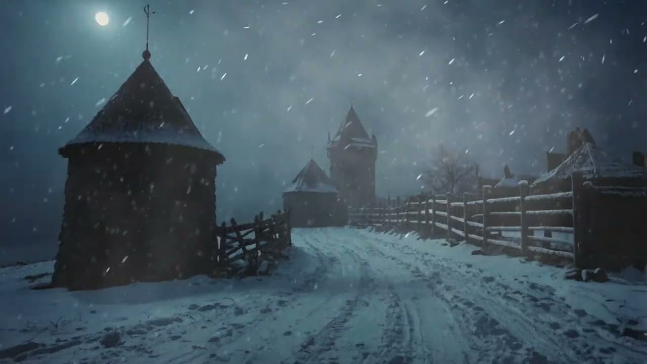 Soothing Winter Night Atmosphere in a Snowy Village. Relaxing Snowstorm and Wind Sounds for Sleep.