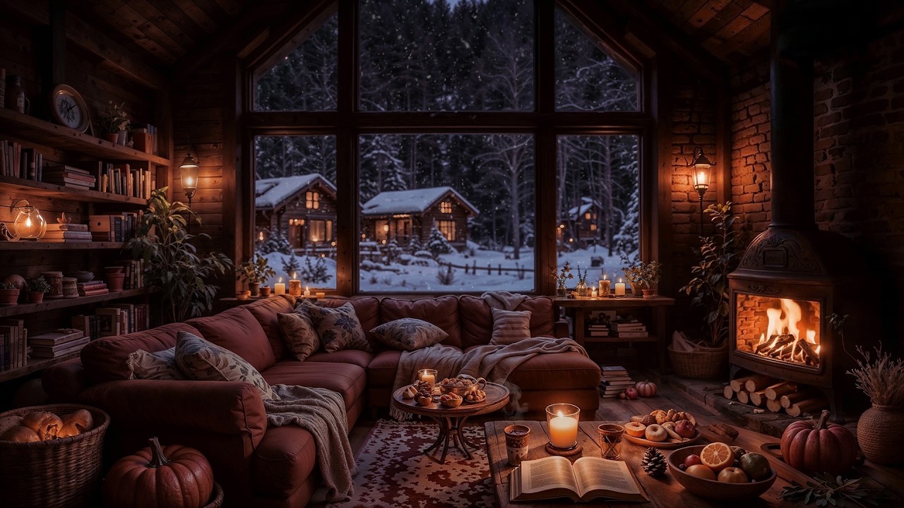 🔥 Cozy Cabin Ambience | Crackling Fireplace, Blizzard Sounds & Snow Falling for Sleep & Relaxation