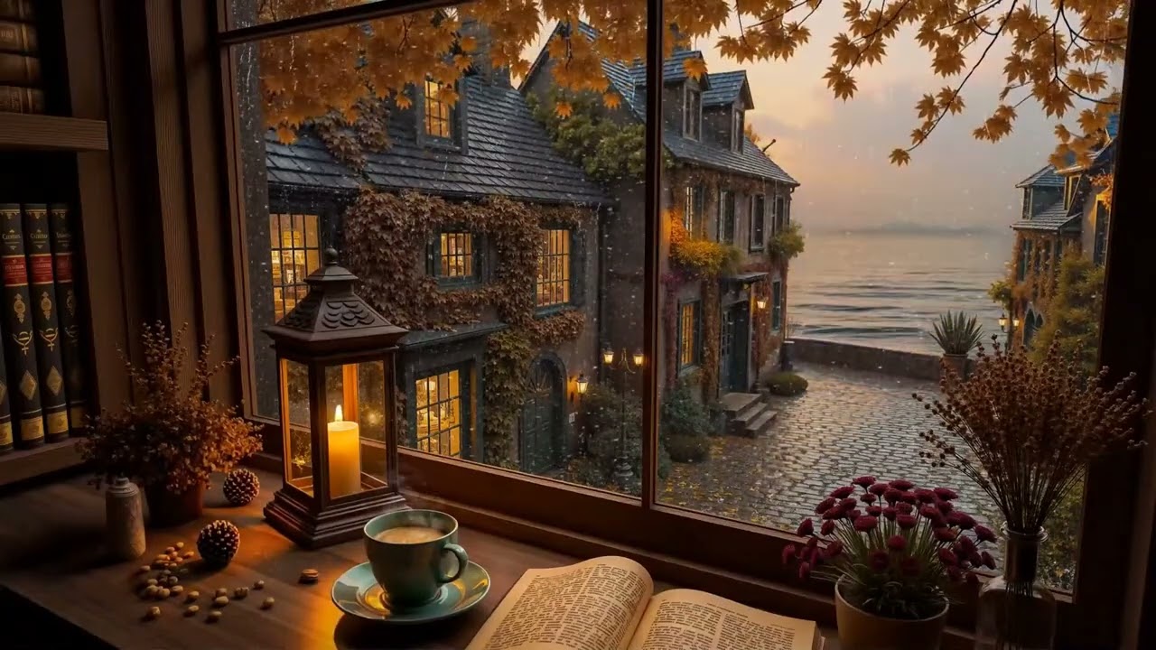 Autumn Quran Radio Ambience | Cozy Room, Beautiful Sea View, Falling Leaves, Rain on Window | No Ads