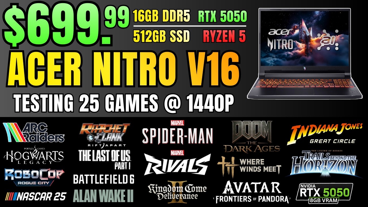 Acer Nitro V16 AI (RTX 5050) - Testing 1440p in 25 Modern / Demanding Games!