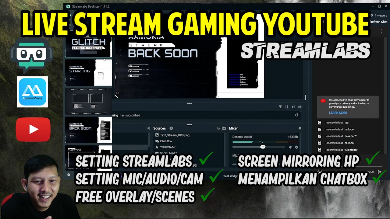 Live Stream Gaming di Youtube | Streamlabs | Free Overlay/Scenes | LENGKAP ALL IN