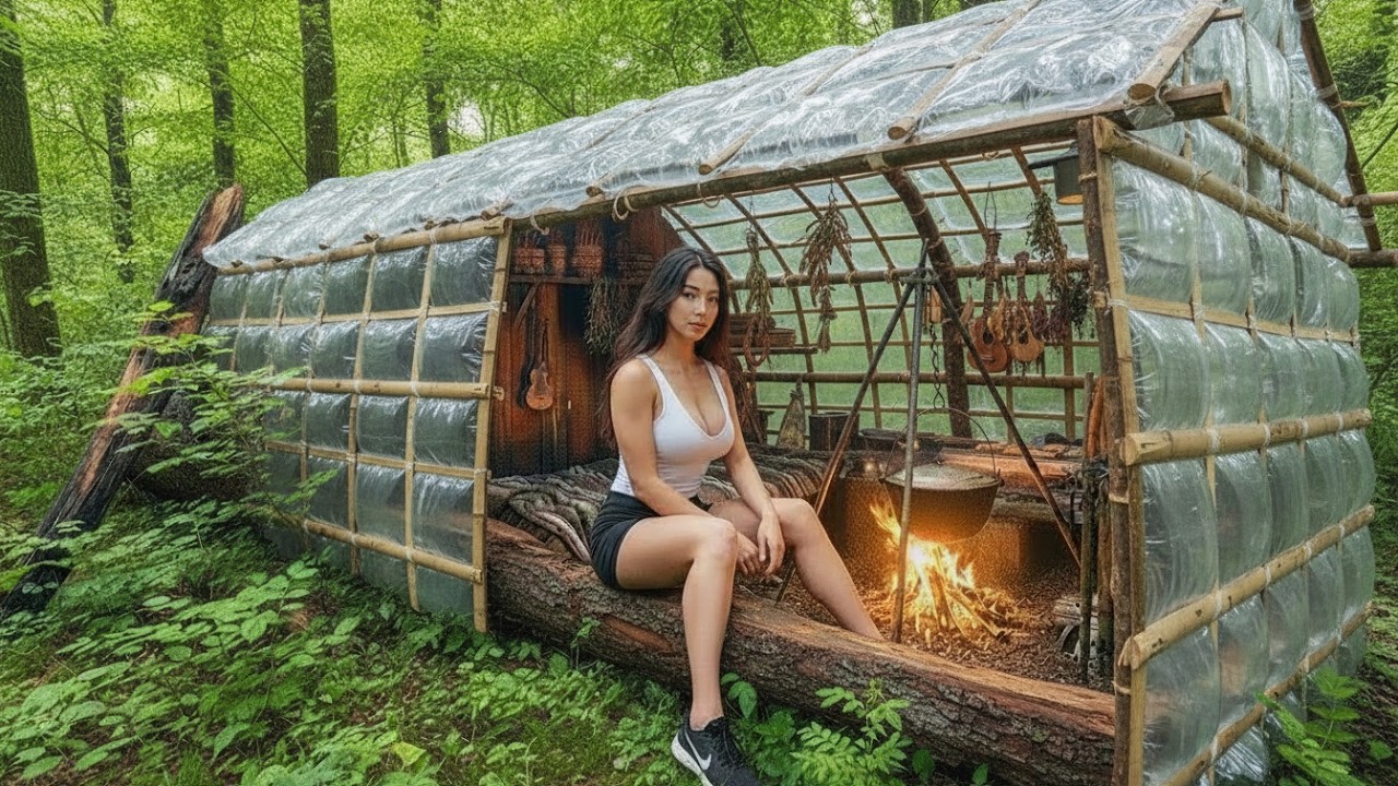 TIMELAPSE - Alone in the Wild: Building a Cozy Water Bag Shelter