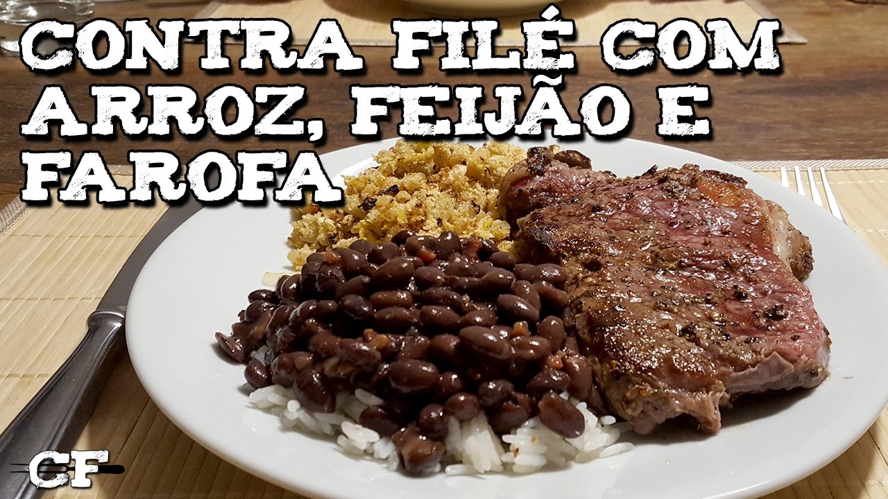 Contra filé com arroz, feijão e farofa de banana #jantardehoje