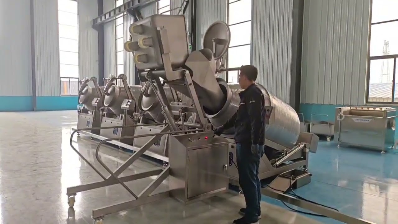Operation of tilting meat vacuum tumbler, Chicken marinade machine, Vacuum meat marinade machine.