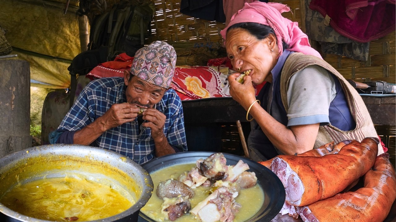 Traditional Rustic Pork Leg & Fresh Green Corn Stew Recipe | Authentic Village Life in Rural Nepal
