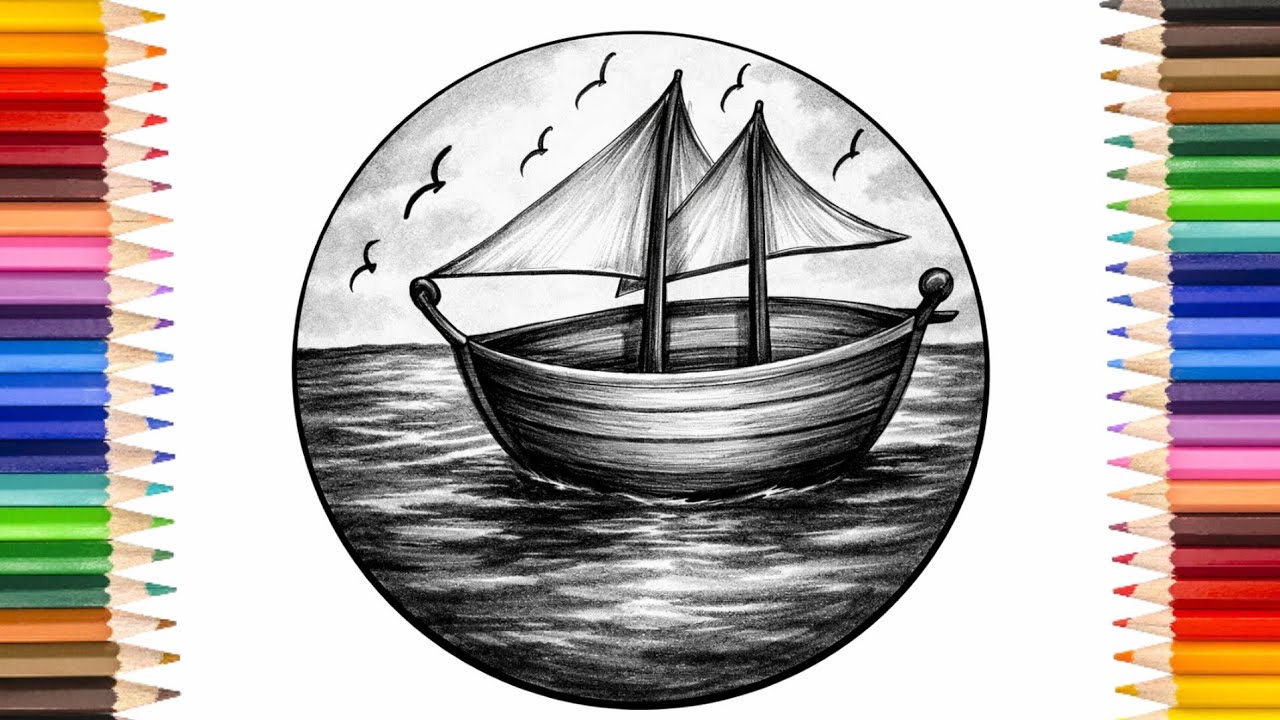 Easy Pencil Drawing of a Boat on the Sea | Simple Black Pencil Art Tutorial🛶🌊