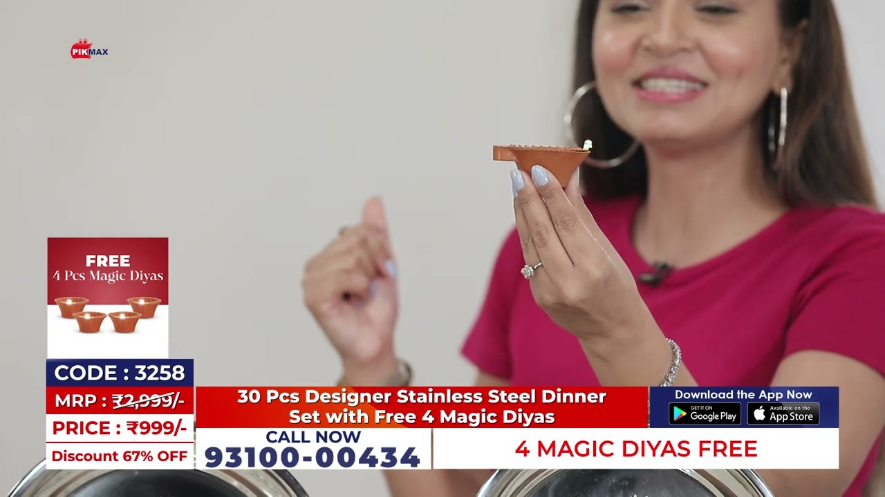 30Pcs Designer Stainless Steel Dinner Set with Free 4 Magic Diyas | PIKMAX