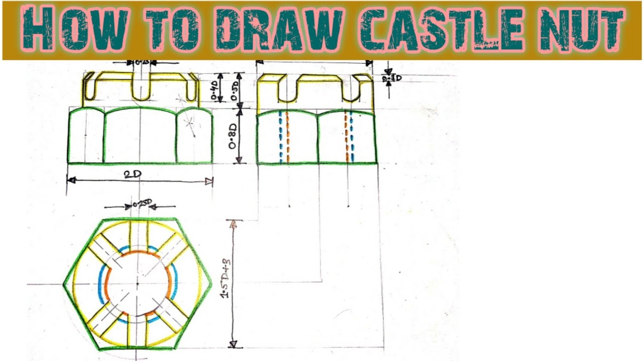 How to draw castle nut (Engineering drawing). Orthographic projection |Engineering and poetry|