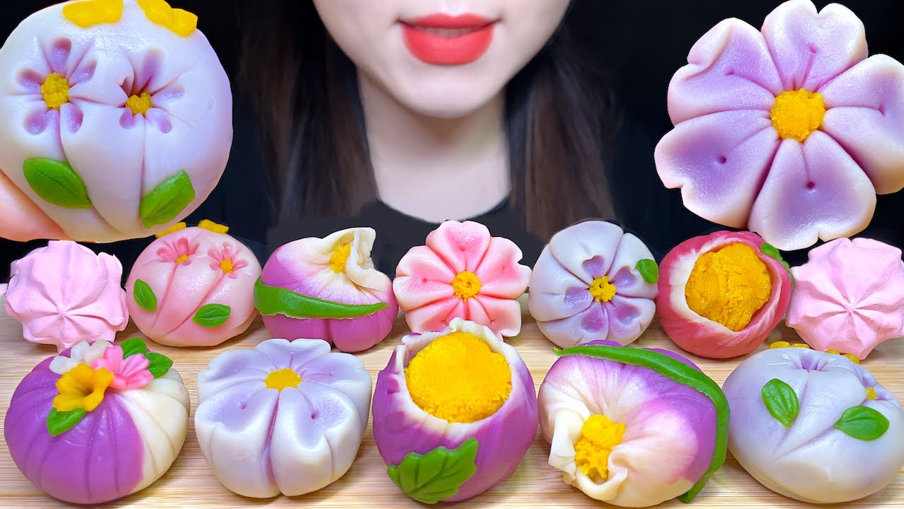ASMR PURPLE&PINK FLOWER SWEET BEAN CAKE,WAGASHI,RICE CAKE EATING SOUNDS MUKBANG, 보라색&핑크색 꽃 화과자 먹방🌸💖💜