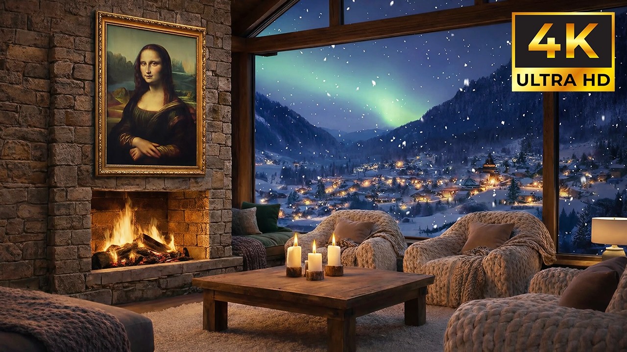 Cozy Fireplace 🔥 Winter Cabin Ambience with Snowy Village & Northern Lights | 4K No Music