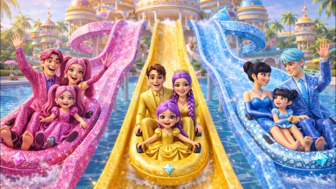 😱 Golden VS Blue VS Pink Glitter Families in Luxury Waterpark Showdown! ✨💎💖 | KPOP Demon Hunters