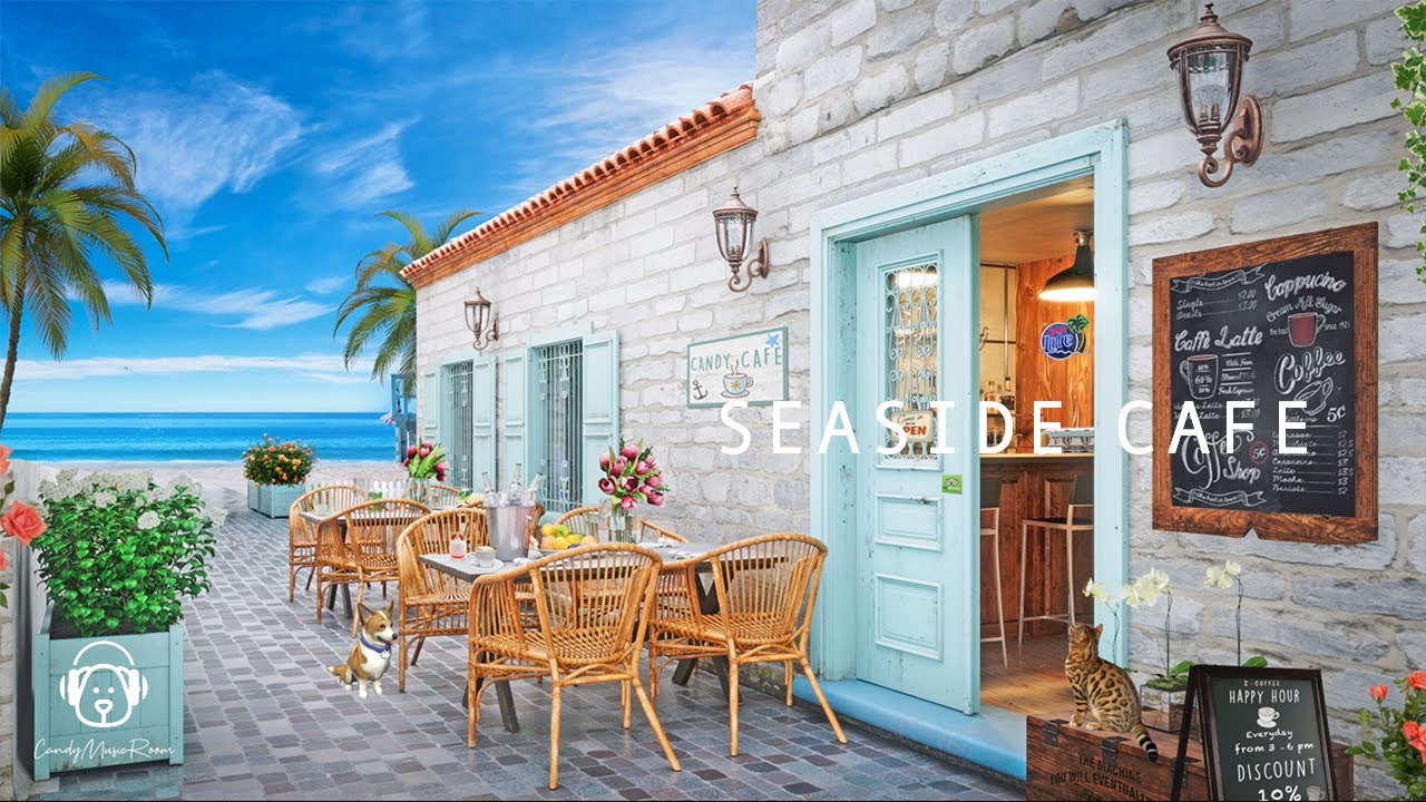 Outdoor Seaside Cafe Ambience & Bossa Nova Music, Ocean Wave Sounds, Outdoor Coffee Shop Sounds ASMR
