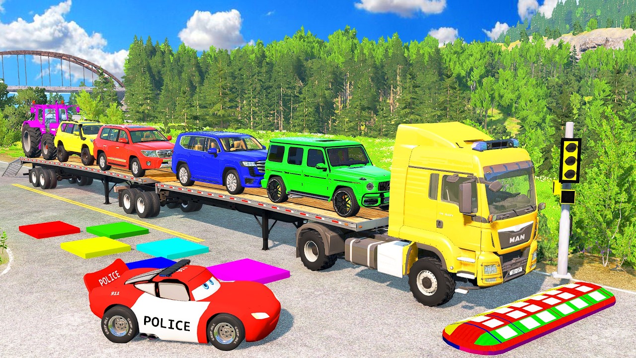 Flatbed Truck McQueen  /   Transportation with Truck- Pothole vs Car #0122 /Beamng.Drive Gameplay