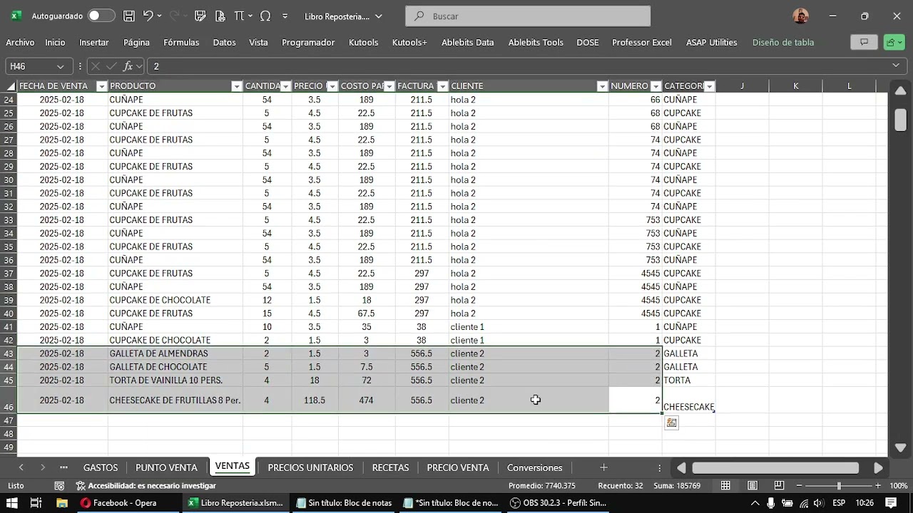 Punto de Venta para repostería en Excel