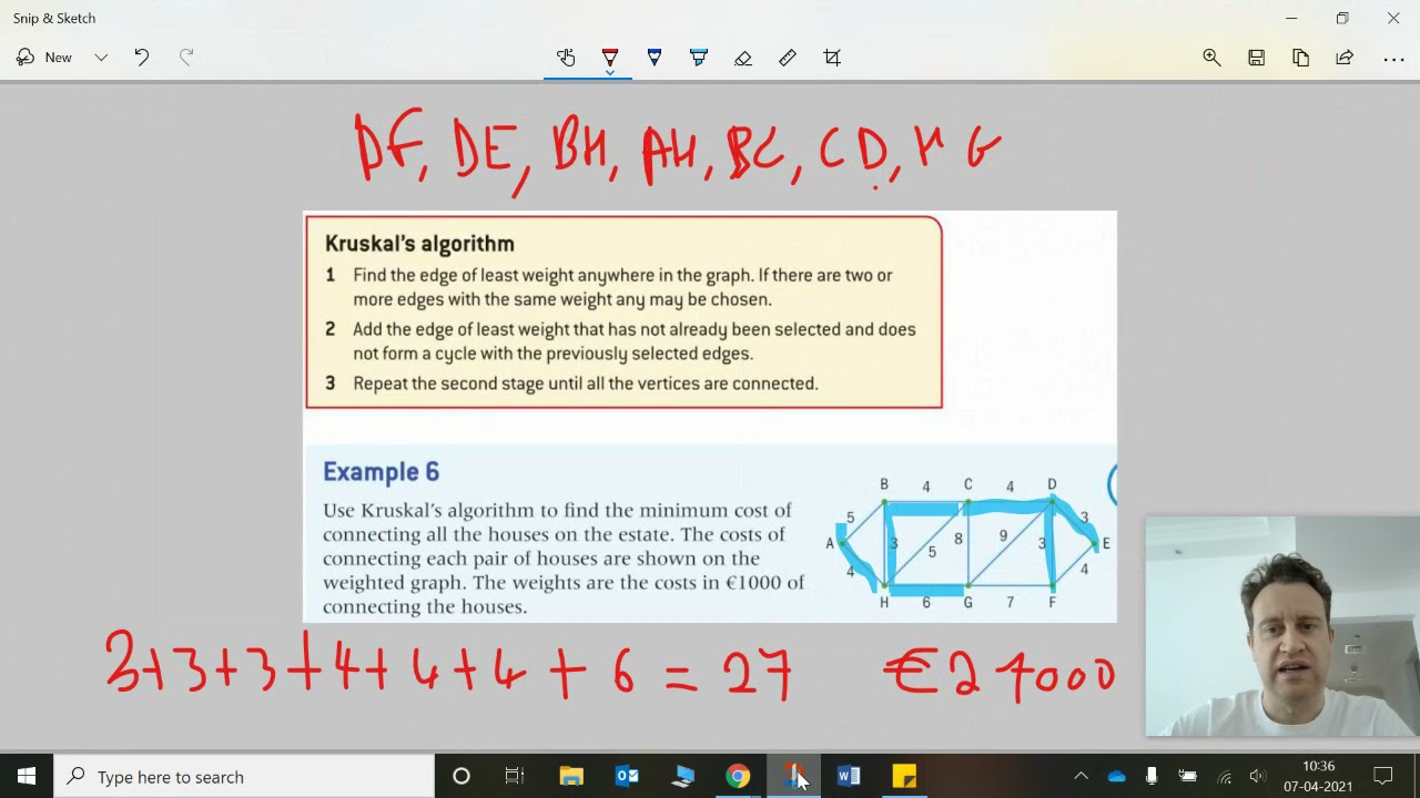 Ex15F: IB HL AI Maths, Oxford; minimum spanning trees, Kruskal's and Prim's algorithms (GTU)
