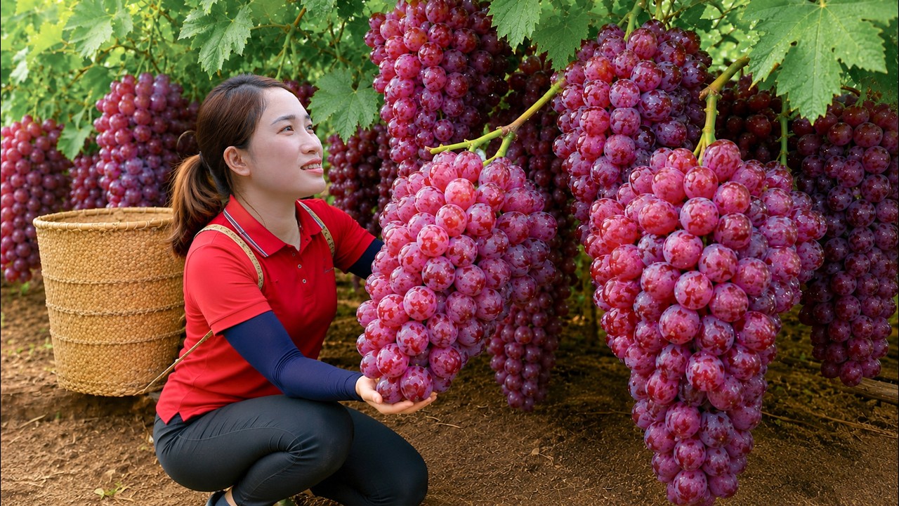Harvesting 160kg of Giant Purple Grapes to Sell | Fresh Grape Baskets Ready for Market Day