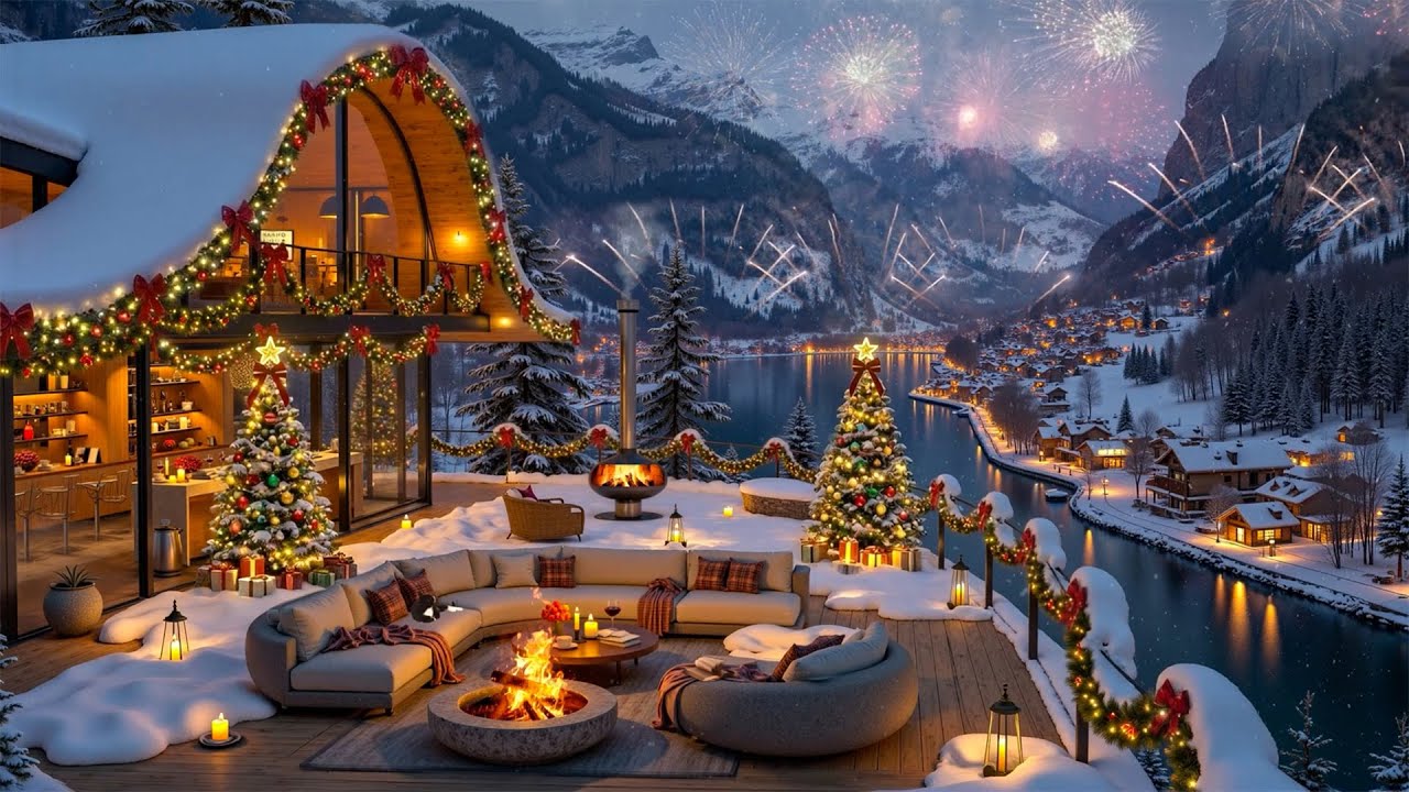 Holiday Jazz Playlist by the Cozy Fireplace🎄Snowy Caf&eacute; Terrace for Relaxing & Merry Christmas Night