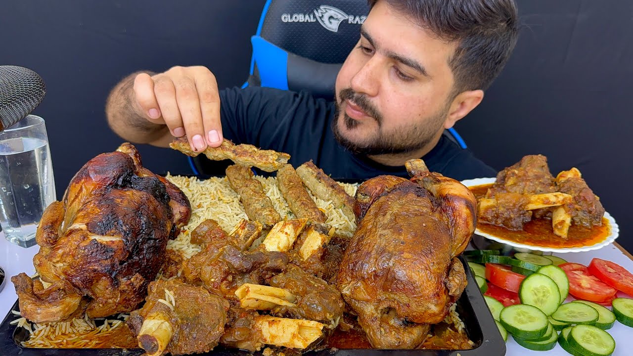ASMR; Eating Spicy 2 Whole Chicken+Mutton Curry With Veg Rice+Green Salad Real Mulbang No Talking