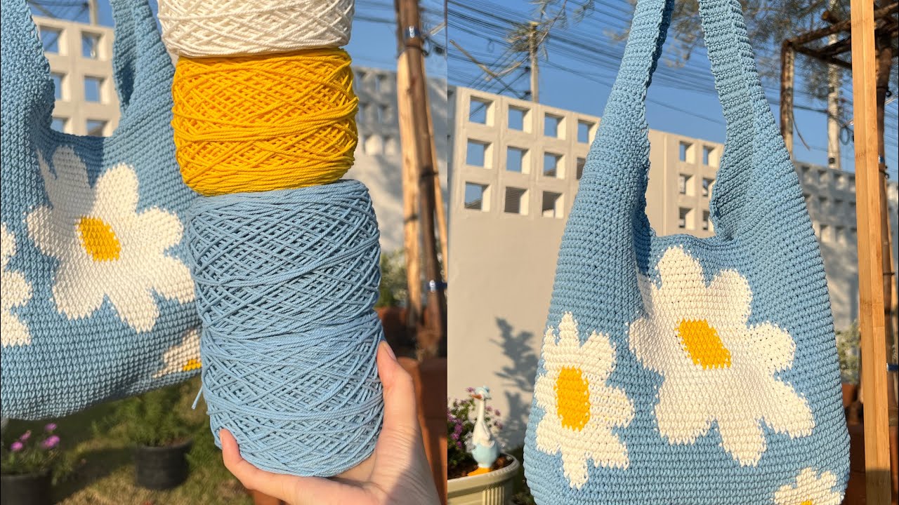 วิธีการถักกระเป๋าลายดอก Daisy ลายใหญ่#crochet #handmade #นักถักมือซ้าย #bag 