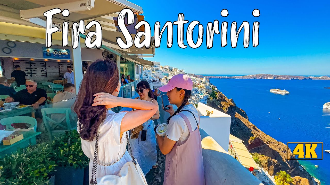 Santorini Greece Fira ( Thira ) walking tour 4k, with lots of detail shots.