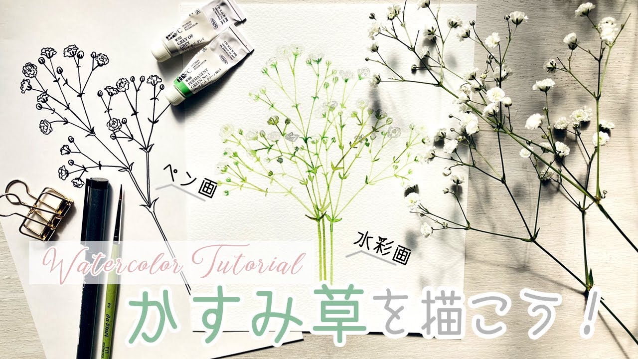 簡単！かすみ草の描き方【ペン画と水彩イラスト】How to Draw Baby's breath