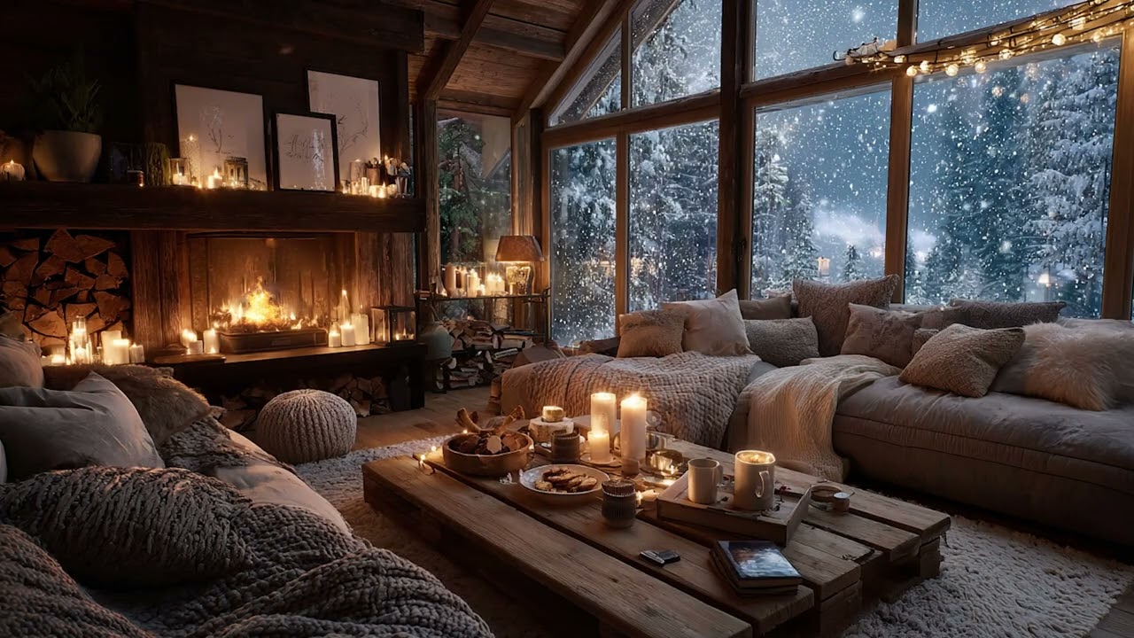 Warm Holiday Fireplace in a Hidden Winter Cabin ❄️ Snowfall Ambience for Peaceful Escape