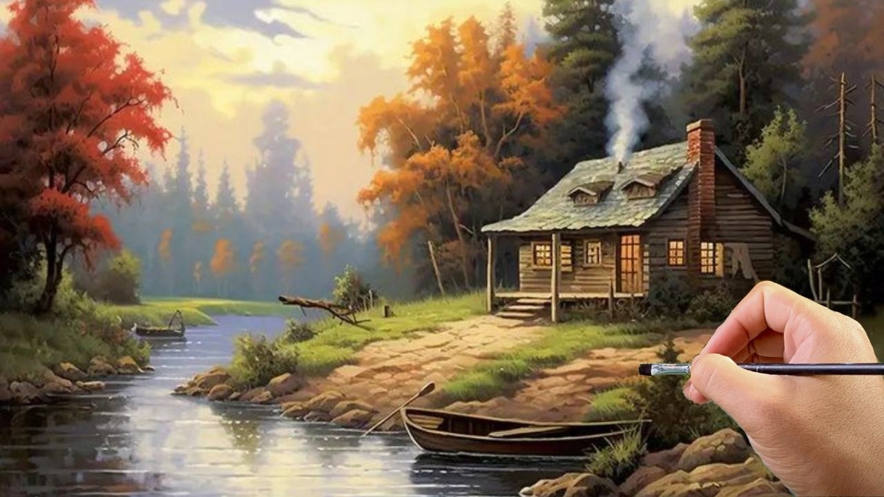 🎨 Painting a Peaceful Riverside Cabin | Relaxing Acrylic Landscape for Beginners | #035