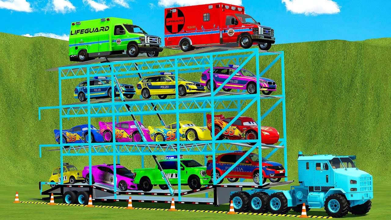 QUADRUPLE COLOR TRANSPORT OVERSIZED POLICE, AMBULANCE, FIRE ENGINE & BATTLE! FS22