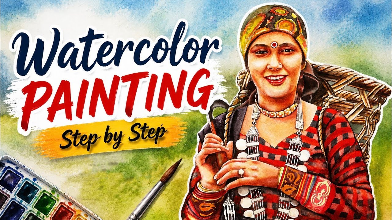 Pahadi Rural Life Watercolor Painting | Uttarakhand Woman Portrait | Woman Cutting Grass