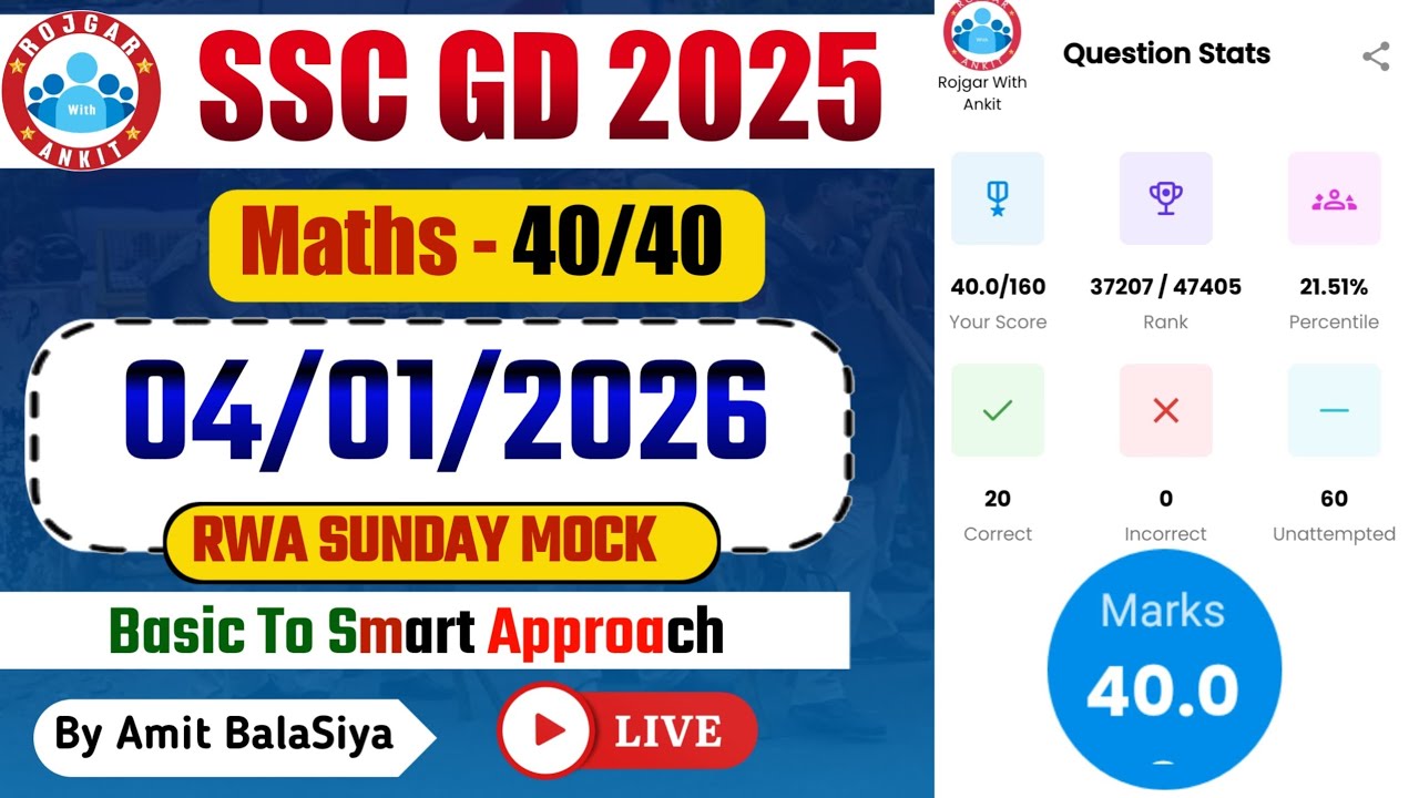 Rojgar With Ankit SSC Gd : 4 January Weekly Mock Test Solution | Maths RWA