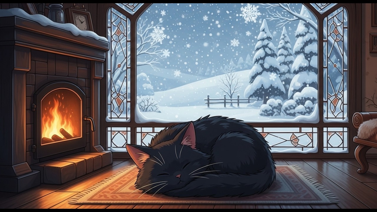 Rainy Night Cabin Fireplace 🌧️🔥 Sleepy Cat Lofi Music for Reading & Calm Focus