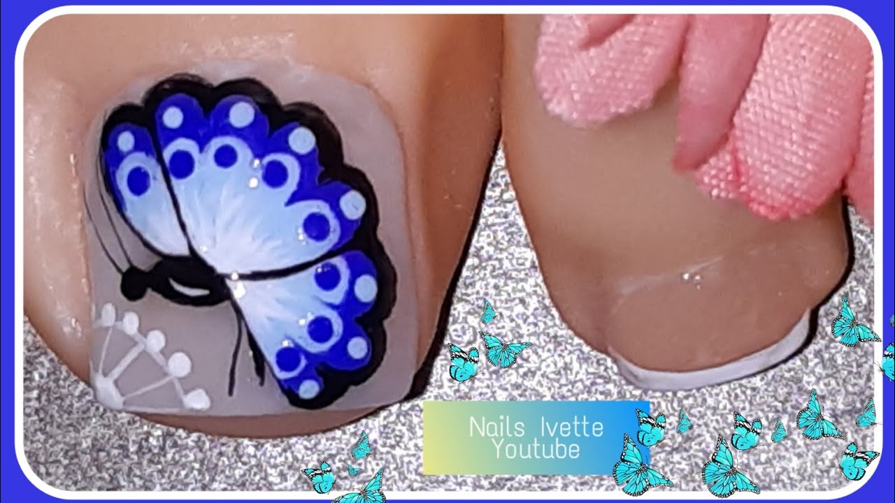 Decoración de uñas para pie Mariposa celeste con azul/cómo dibujar mariposas en las uñas/Diseño Pie