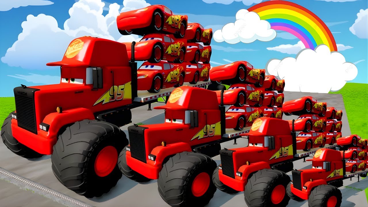 Big & Small McQueen Monster Truck Convoy with Stacked McQueens Crash and Ramp Test | BeamNG.drive