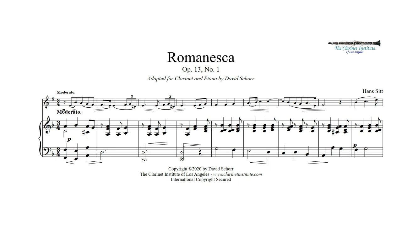 Sitt, Hans  -  Romanesca, Op  13, No  1 arranged for Clarinet