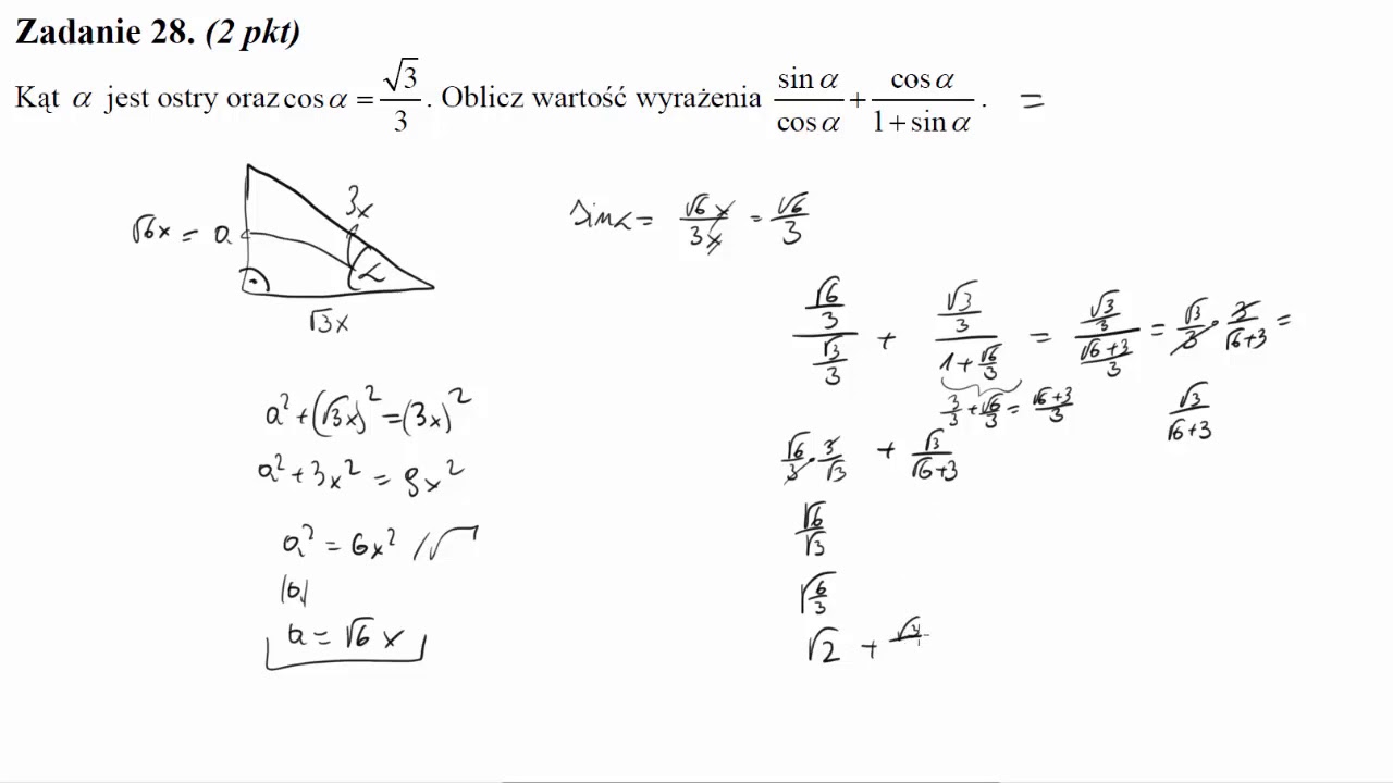 Kąt α jest ostry oraz cosα=√3 przez 3  Oblicz wartość wyrażenia sinαcosα+cosα1+sinα