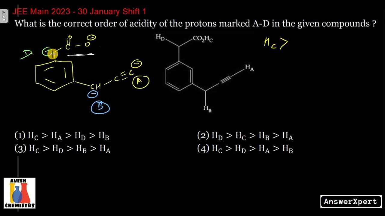What is the correct order of acidity of the protons marked A-D in the given compounds?