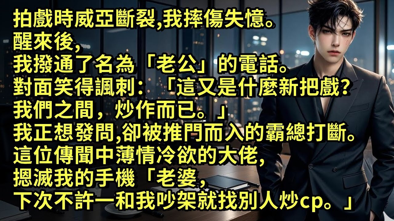 拍戲時威亞斷裂，我摔傷失憶。醒來我撥通了名為老公的電話。對面笑得諷刺：「我們之間炒作而已。」我正想發問，卻被推門而入的霸總打斷。傳聞中薄情的大佬摁滅我的手機「老婆，下次不許一和我吵架就找別人炒cp。」