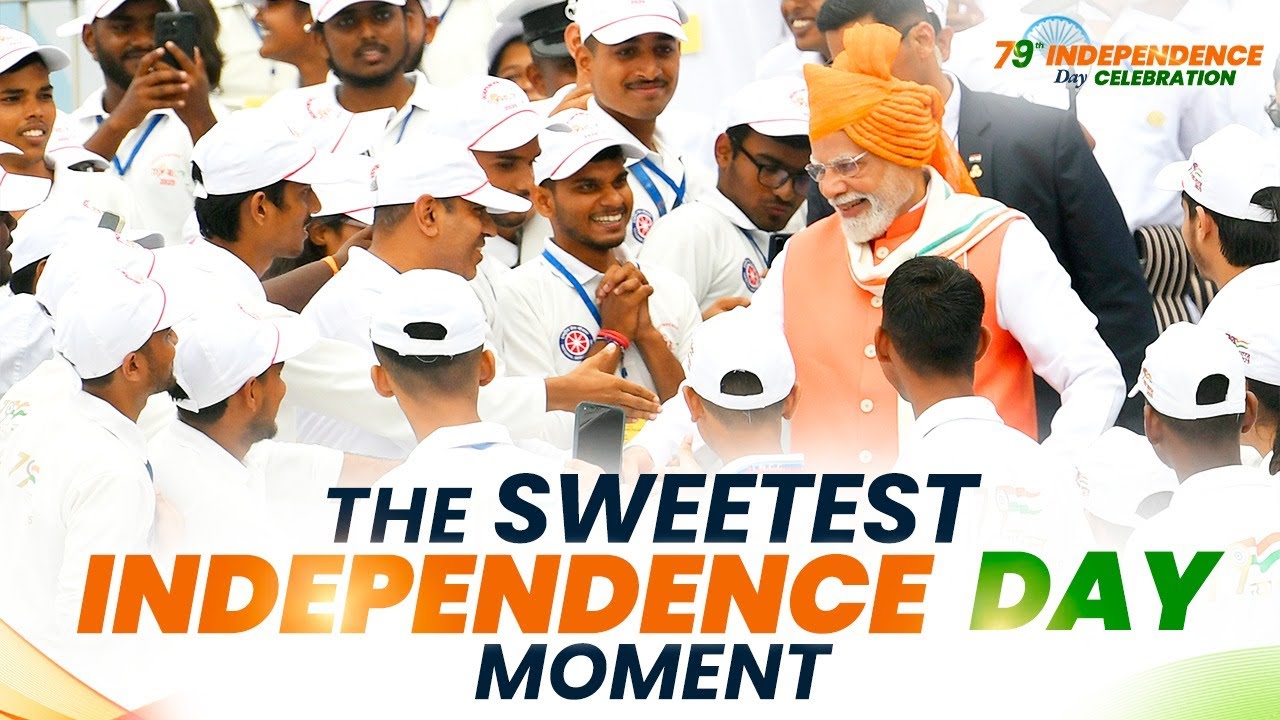 PM Modi greets children at the 79th Independence Day 2025 Celebrations at Red Fort, Delhi
