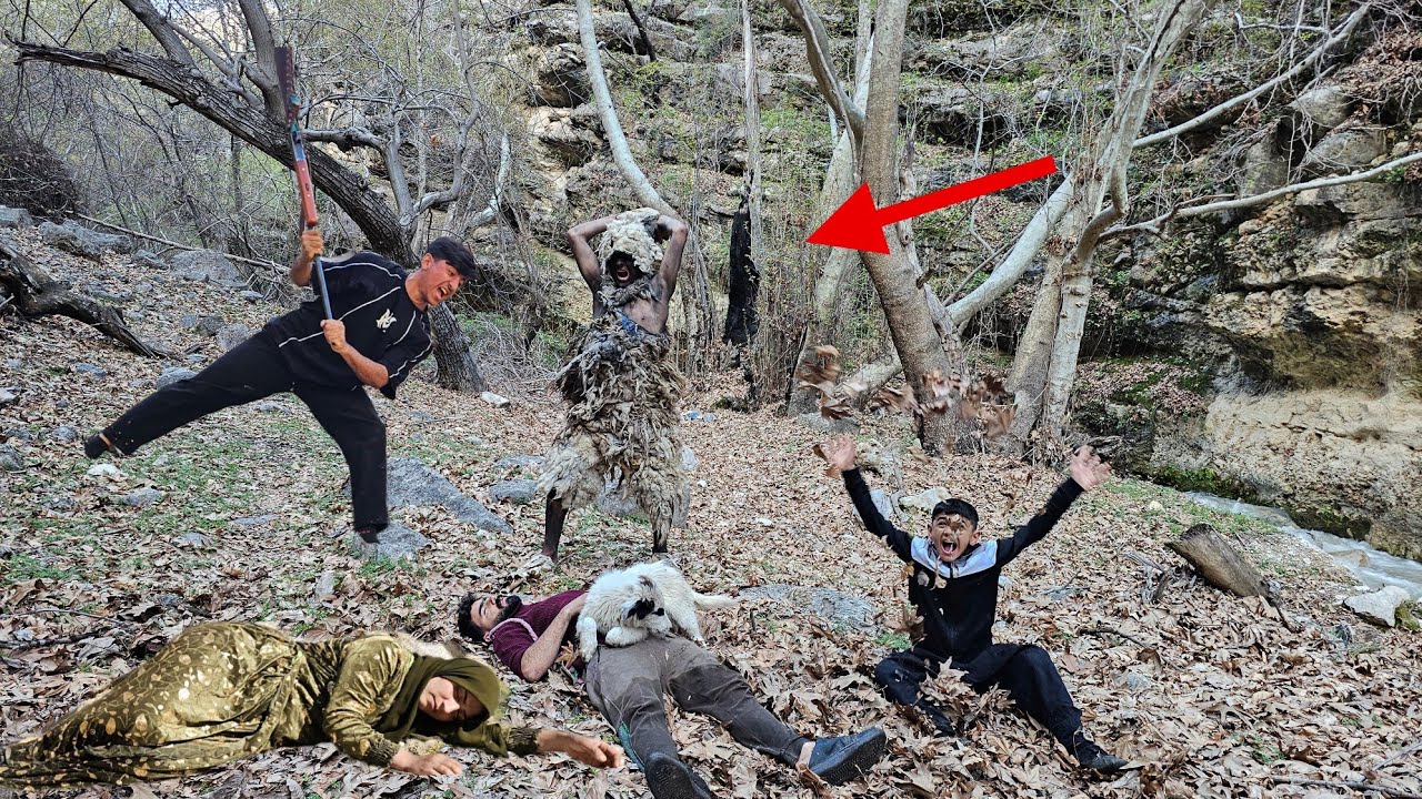 Dangerous attack by a wild caveman. Omid and Amir in the jungle.