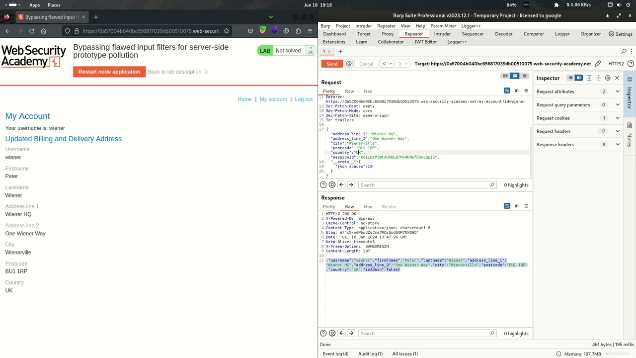 29.8 Lab: Bypassing flawed input filters for server-side prototype pollution