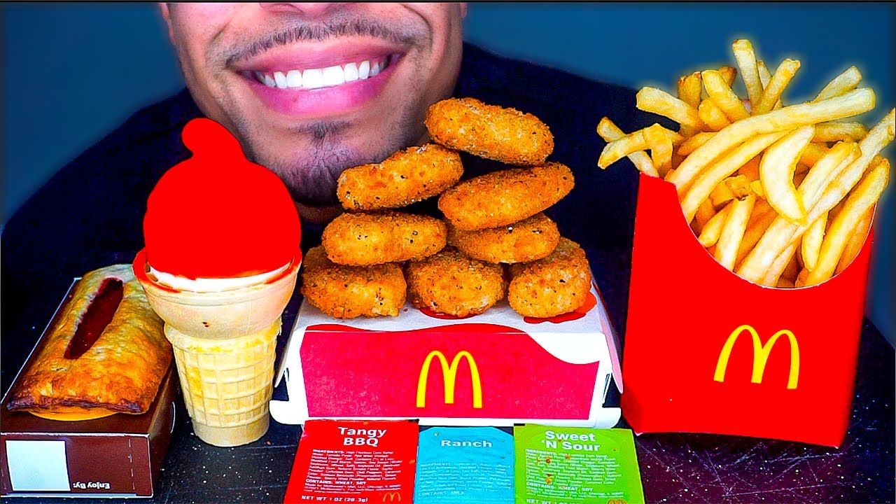MCDONALD'S CHICKEN NUGGETS ICE CREAM CONE DIPPED CHOCOLATE CRISPY FRENCH FRIES BIG BITES ASMR MUKBAN