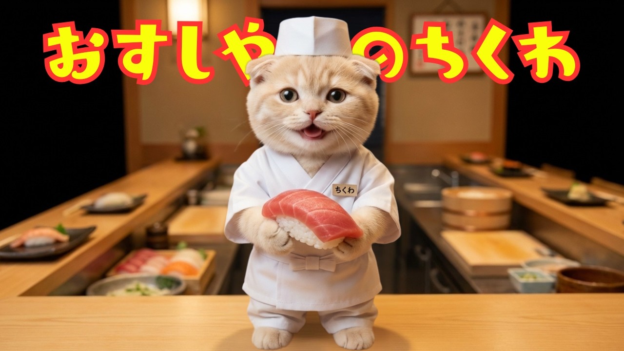 【世界一笑う猫ちくわ】はじめての握りに挑戦だよー！お寿司屋のちくわ🍣｜Chikuwa’s Sushi Shop 🍣 Learning to Make Sushi!