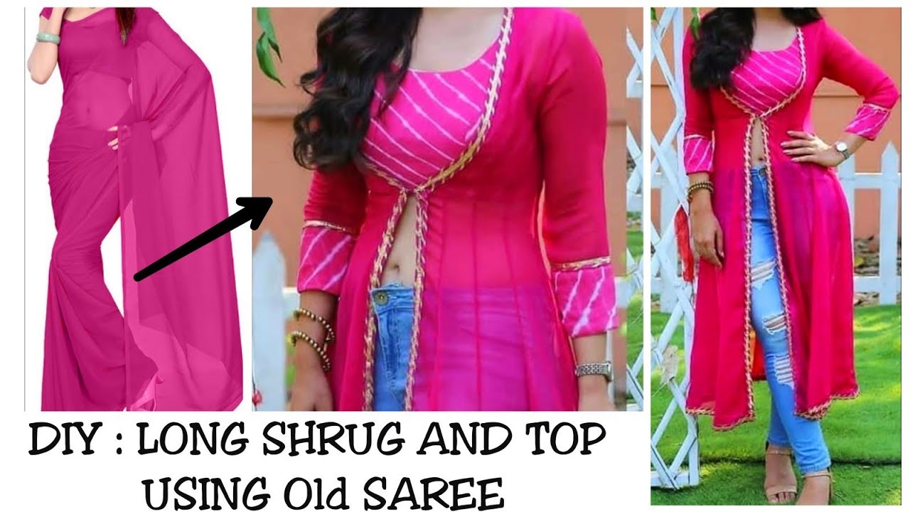 DIY : Long Shrug with kurti/Crop top || Reuse Saree into Long Kurti With Shrug