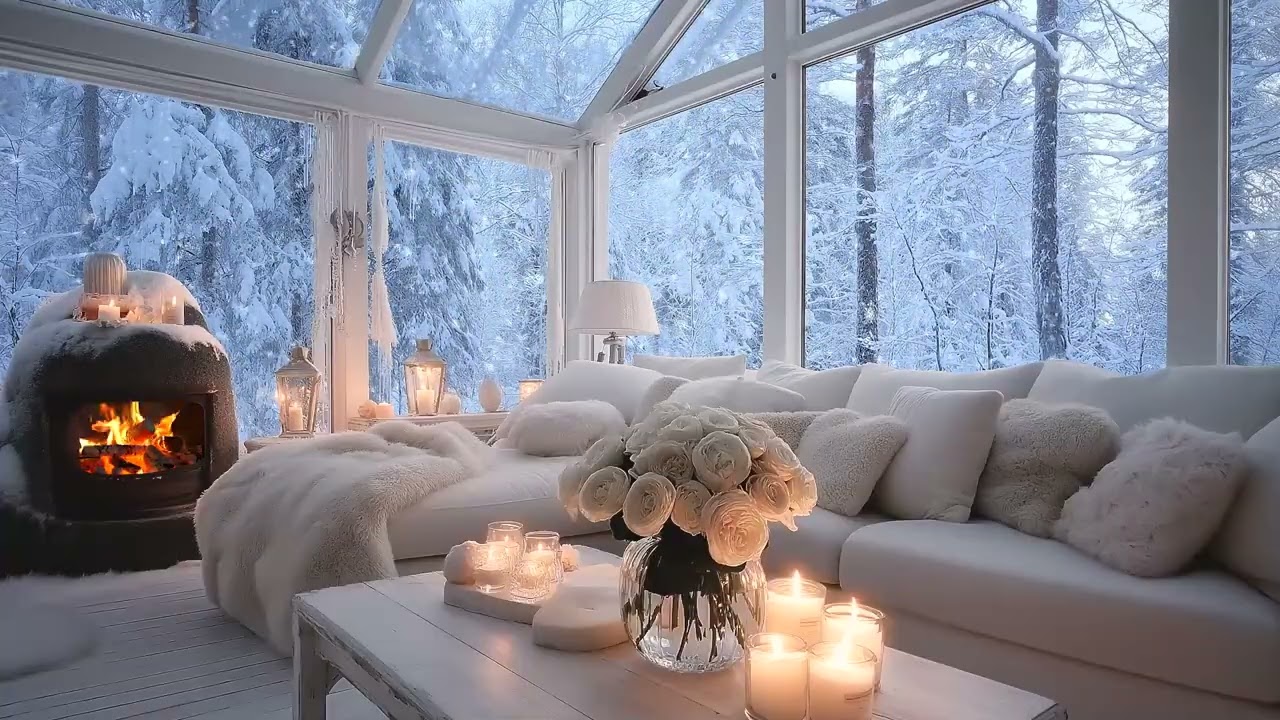 🎶💕 Relaxing Piano Fireplace Lounge | Cozy Candles, Snowfall Ambience | 4 Hours Study Sleep Focus