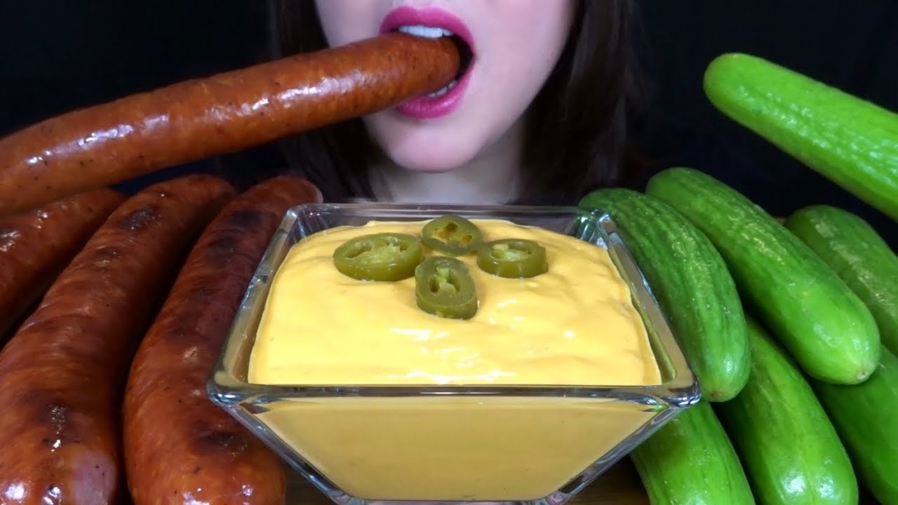 ASMR Sausage, Cucumbers, & SPICY CHEESE Sauce - EXTREMELY SATISFYING Eating Sounds!