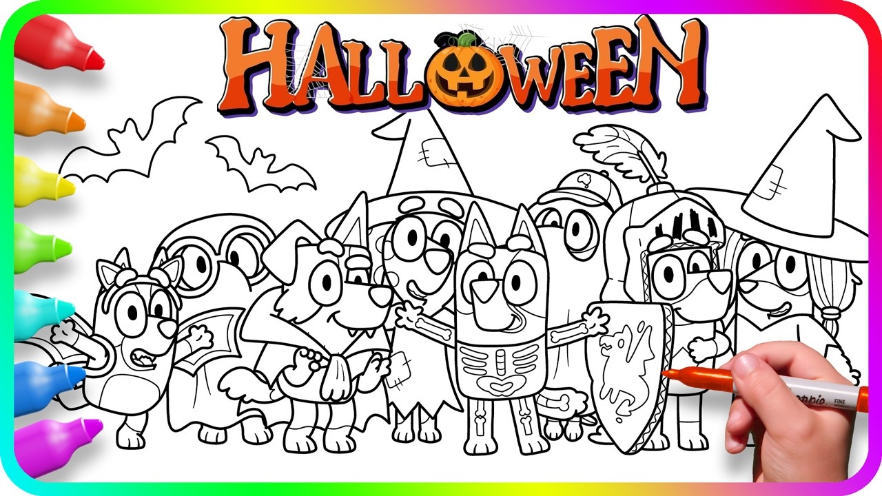 BLUEY Coloring Pages - HALLOWEEN. How to color Bluey, Bingo, Honey, Snickers and other. Easy Drawing