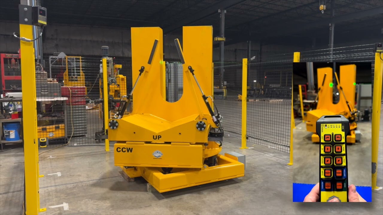Specialized Coil Upender with forklift loading & powered retention
