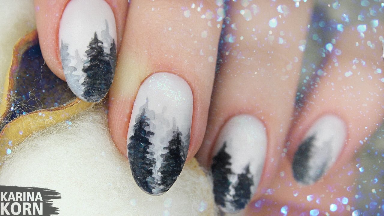 🎄Акварель маникюр /🌲 Дизайн ногтей маркером / ТРЕНД Зимний лес / Модный маникюр из Инстаграм