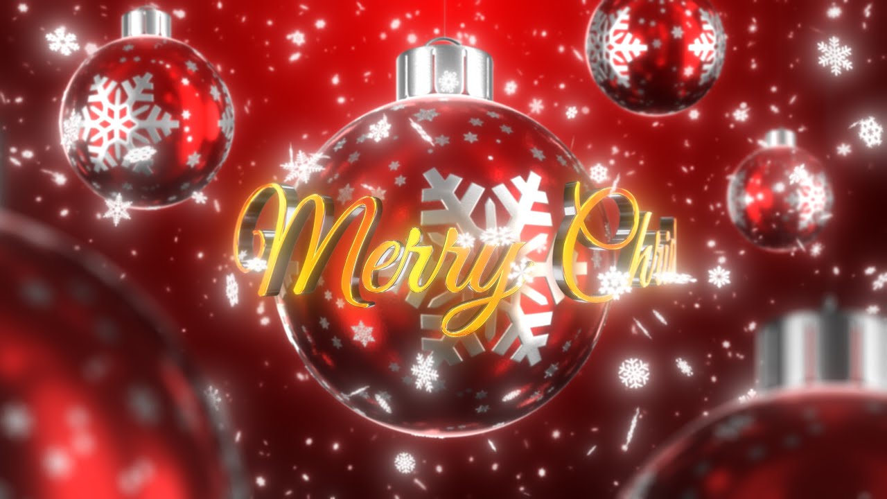 Merry Christmas Text Animation with Christmas Ornaments and Falling Snowflakes