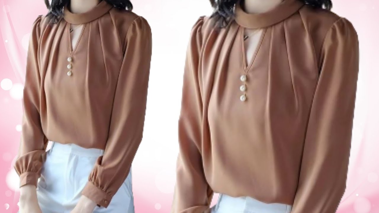 Pleated CHOKER Neck Collar Top / Designer Top With Choker Neck Collar & Beads | Puff Sleeves